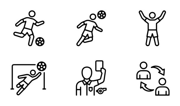 Soccer Player Icons Set, Football Action Line Art Graphics, Goalkeeper Save, Referee Card, Player Swap, Sports Vector Collection