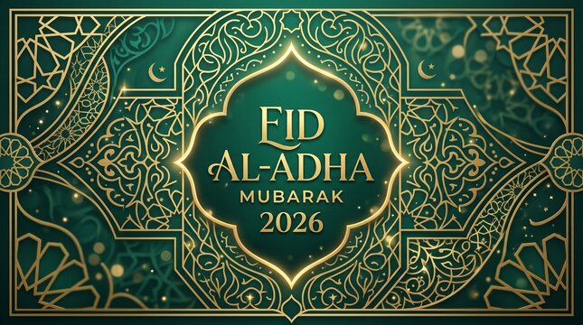 Modern Eid al-Adha 2026 background, abstract Islamic geometric patterns, gold and emerald green color palette, luxury design, clean composition, subtle light effects