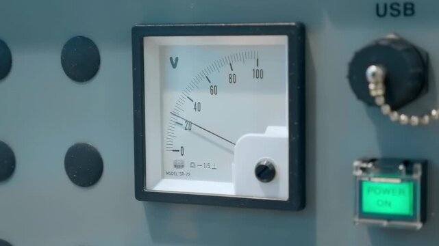 Square voltmeter gauge with a moving arrow on the panel of industrial equipment. Closeup
