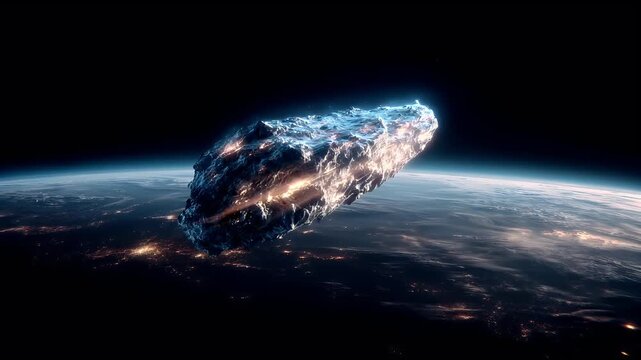 Space universe exploration, fantasy, mysterious. A vivid, highresolution digital artwork depicts an asteroid approaching Earth from space. The asteroid is depicted in a dynamic pose.