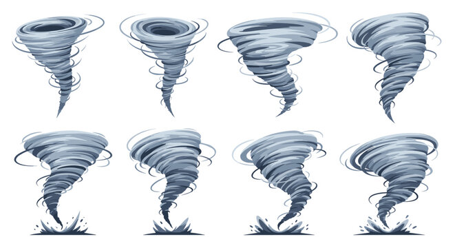 Collection of eight different tornado and whirlwind illustrations showing various stages of a powerful storm system against white background.