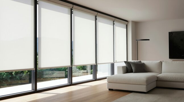 Modern living room interior with floor-to-ceiling windows covered by automatic roller blinds. Sunlight filters through, illuminating comfortable sofa, minimalist decor. Smart home setup offers