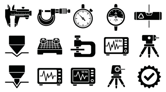 Engineering and Metrology Measuring Tools Solid Icons Set Isolated on White Background. Caliper, Micrometer, Stopwatch and Gauge Vector Symbols