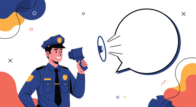Friendly police officer in blue uniform speaking into a megaphone with a large blank speech bubble for custom text against colorful backdrop.
