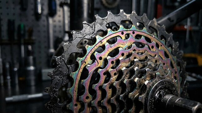 Macro photo of a bicycle rear cassette gear cluster covered in black grease showing worn metal gears coated in an iridescent slick finish.
