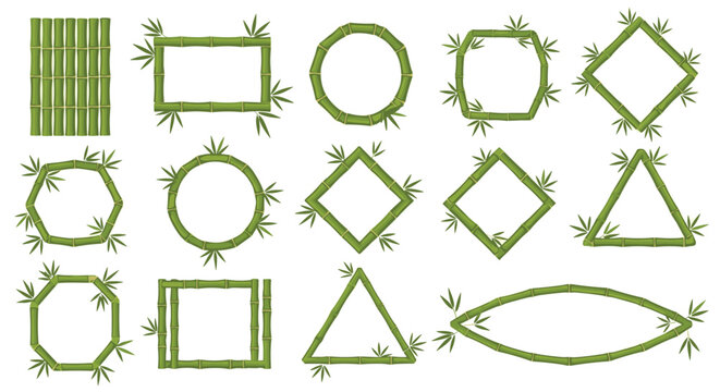 Collection of natural green bamboo frames in various geometric shapes like circle, square, triangle, and hexagon on a white background.