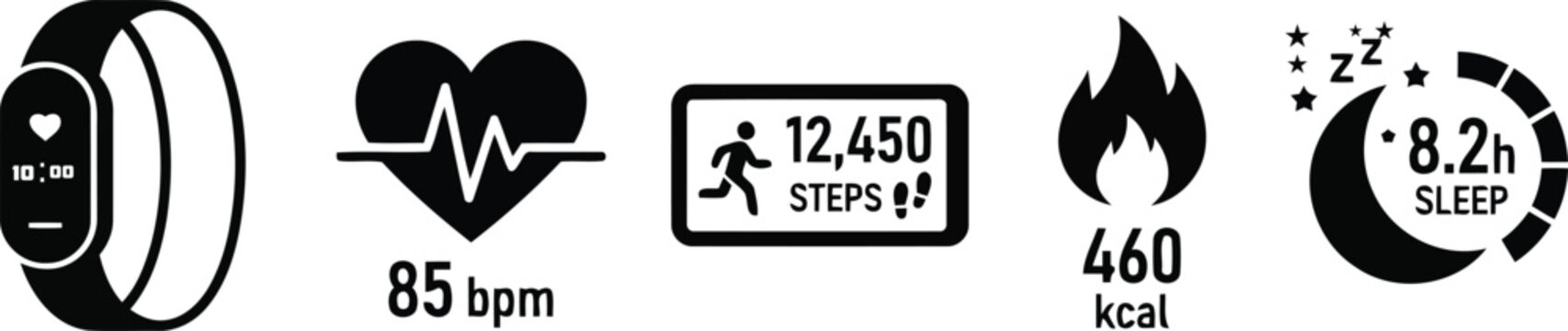 Smartwatch fitness icons with heart rate, steps, calories and sleep