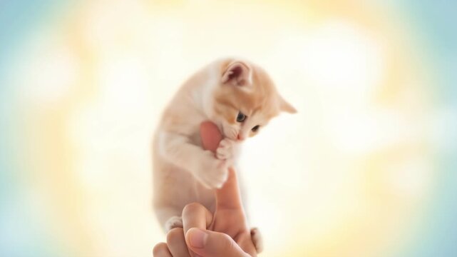 Adorable Kitten Playfully Nibbles Human Finger in Bright, Cheerful, Heartwarming Close-up.