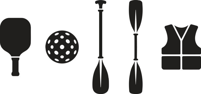 Black silhouettes of kayak paddle, pickleball paddle, ball and life jacket