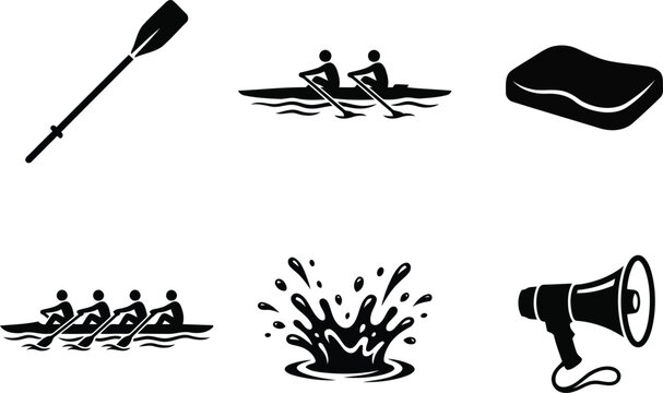 Black icons of rowing oar, boat, megaphone and soap