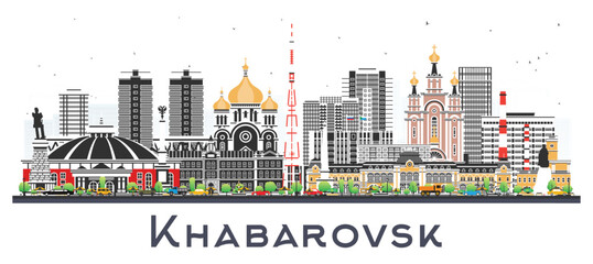 Fototapeta premium Khabarovsk Russia city skyline with color buildings isolated on white. Khabarovsk cityscape with landmarks. Business travel and tourism concept with modern and historic architecture.