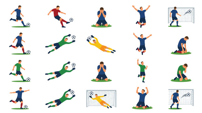 Comprehensive flat vector icon set featuring male soccer players in various action poses including shooting, dribbling, diving goalkeepers, celebrating goals, and losing players.