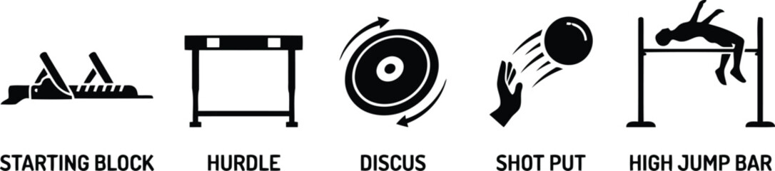 Track and field icons with starting block, hurdle, discus, shot put, high jump bar © Top Stock