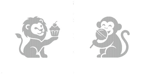 Cute cartoon animal characters with sweets, friendly lion holding cupcake and happy monkey with lollipop, flat vector illustration set © riponhossain