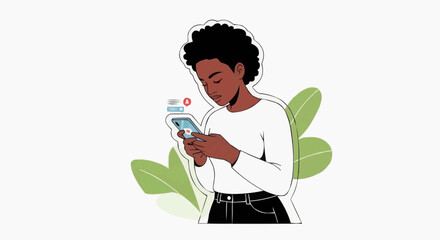 Fototapeta premium Woman using smartphone with notification icon and leaves In White background.