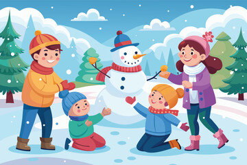 Naklejka premium Adorable children building snowman winter fun illustration
