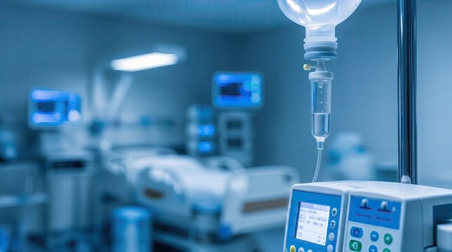 Medical IV drip with infusion pump in focus, hospital room blurred in the background, highlighting emergency care and patient monitoring.