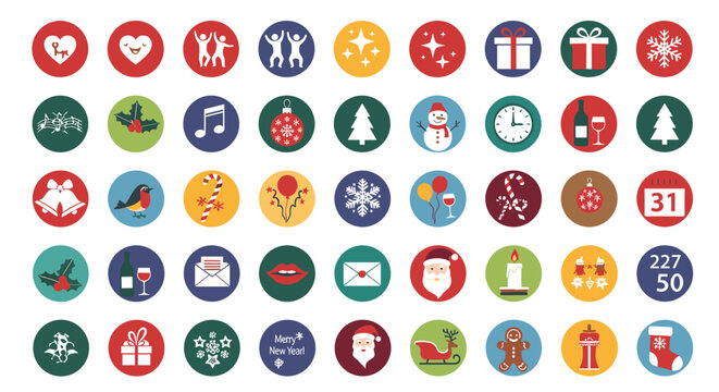 Full set of festive Christmas and winter holiday icons in circular frames featuring seasonal characters and traditional holiday decorations.