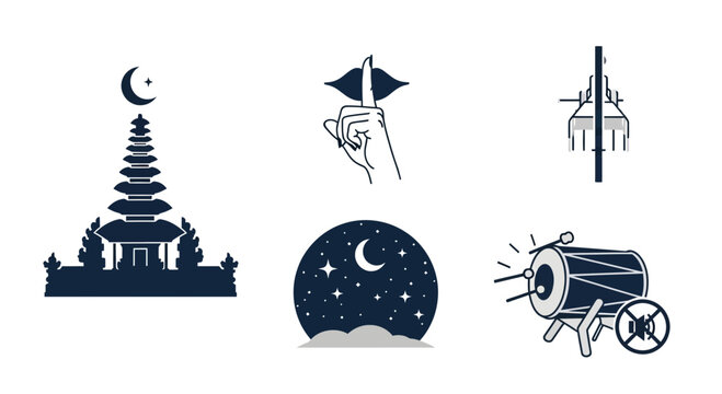 Nyepi Day Symbols Set: Balinese Temple, Silence Gesture, and Bedug Drum Icons