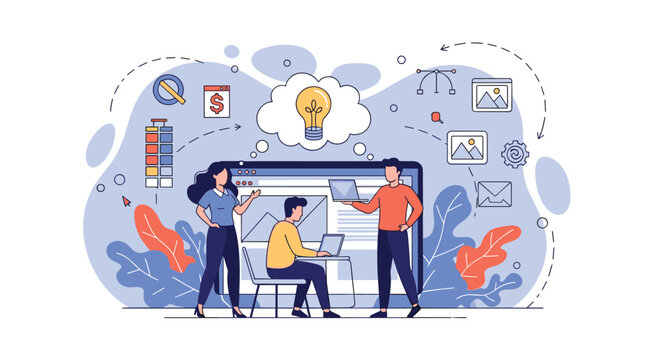 Group of professional designers brainstorming and creating web interface layout on large computer screen.