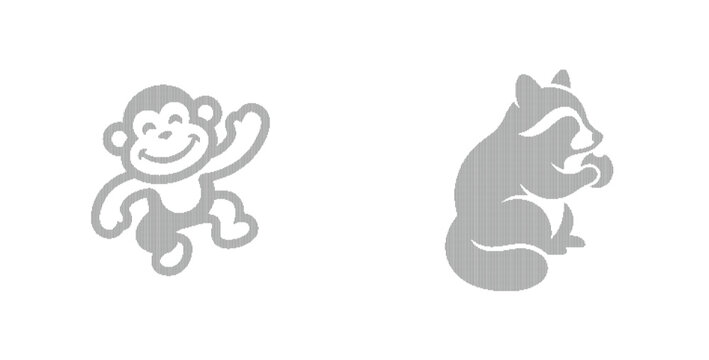 Minimalist animal vector icons, cute monkey and raccoon character silhouettes, gray wildlife illustrations for children branding and web design