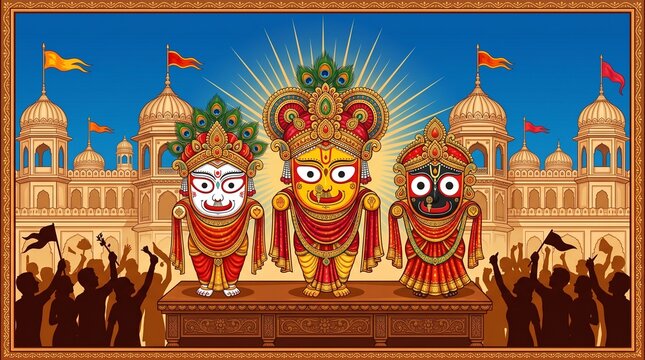 Rath Yatra car festival in Puri, Orissa, IndiaRath Yatra means Chariot Festival. with text subh rath yatra means happy rath yatra, peoples are celebrating the festival