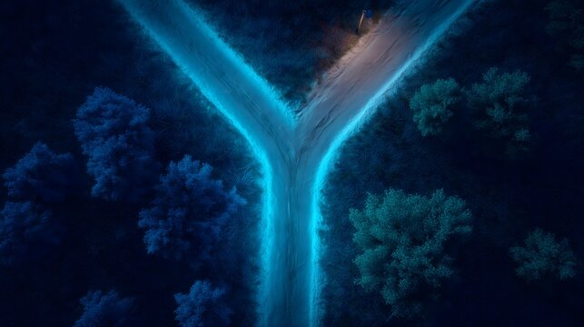 Conceptual background: Glowing blue dirt road splitting into two directions in a dark night forest