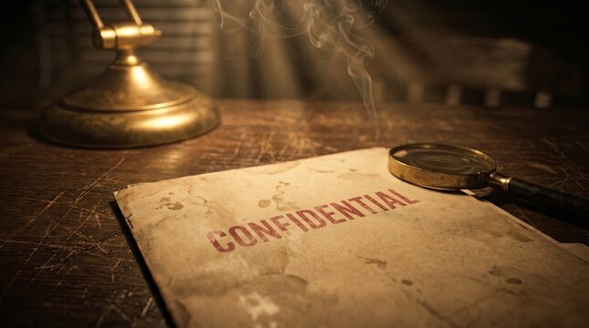 A vintage folder labeled "CONFIDENTIAL" lies on a wooden table with a magnifying glass and an old lamp casting warm light and smoke rising in the background.