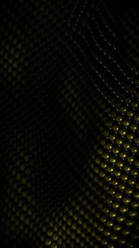 Tightly packed spheres create a dark textured mesh surface with subtle golden neon light reflections in a seamless procedural 3D animation 