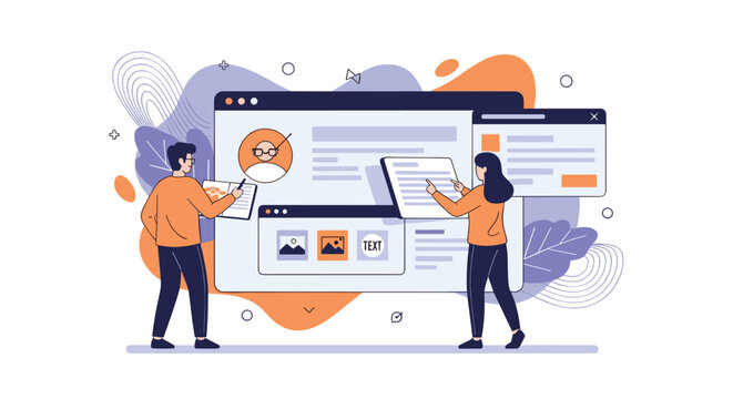 Team of designers and developers collaborating on user interface layout and website structure for modern digital platform.