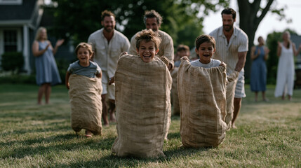 Fototapeta premium Fathers and children competing in a neighborhood sack race on a school field during a Father's Day community picnic, laughing faces mid-hop, organizers cheering from the sidelines, a joyful crowd sc