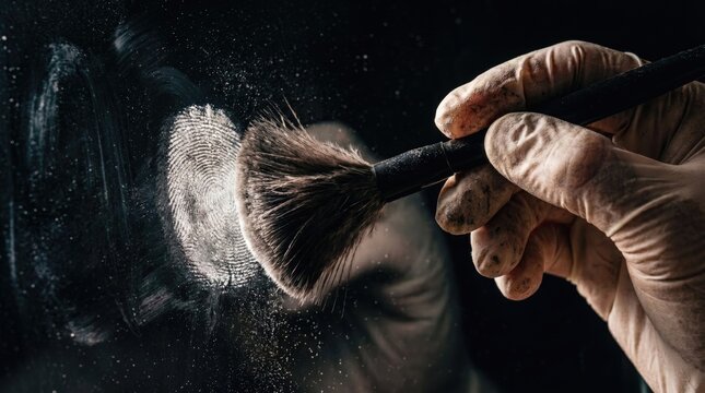 A gloved hand uses a brush to dust for fingerprints on a dark surface, highlighting forensic investigation techniques.