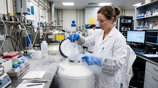 Scientist in a lab wearing protective gear handles a sample with liquid nitrogen vapor around, surrounded by scientific equipment and computer monitors.