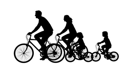 Obraz premium Silhouette of a happy family riding bicycles together on a white background.