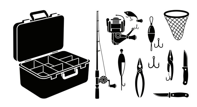 Set of fishing equipment and tackle box icons.