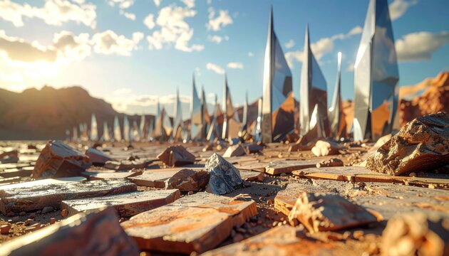 Crystalline structures jut from arid land under a sunlit desert sky