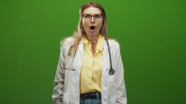 Woman doctor wearing white coat and stethoscope, mouth open in visible gasp in a studio; surprise concern.
