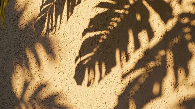 Textured beige wall illuminated by warm golden sunlight casting distinct shadows of large tropical palm leaves creating a natural organic pattern and a serene outdoor ambiance Keywords: shadows