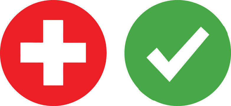 Red cross mark and green check mark icons as symbols of wrong and right options for decision making and validation