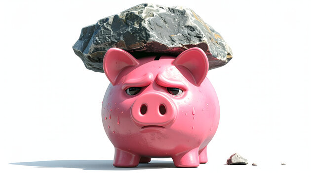 A pink piggy bank struggles under the immense burden of a heavy rock, symbolizing overwhelming financial stress, economic hardship, and the crushing weight of debt and monetary pressure