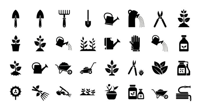 Gardening Tools and Plants Icons Set.