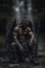 Fototapeta premium Fantasy wallpaper. A dark, atmospheric portrayal of a muscular male figure with large, feathered wings. He sits in a contemplative pose, holding a spear in his right hand.