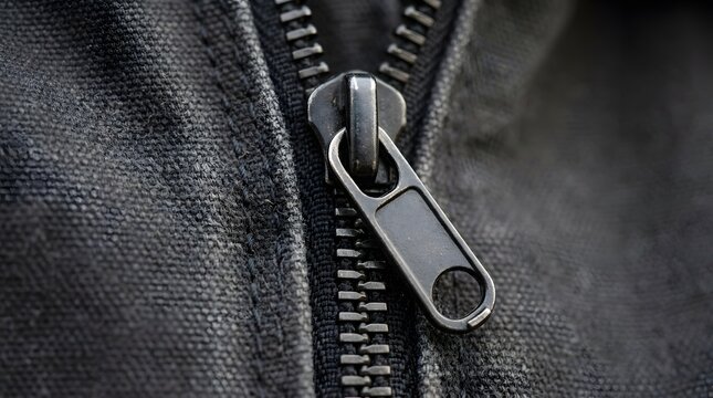 Close-up of a Zipper on a Black Leather Jacket.