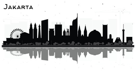 Obraz premium Jakarta Indonesia City Skyline Silhouette with Black Buildings Isolated on White. Business Travel and Tourism Concept with Historic and Modern Architecture. Jakarta Cityscape with Landmarks.