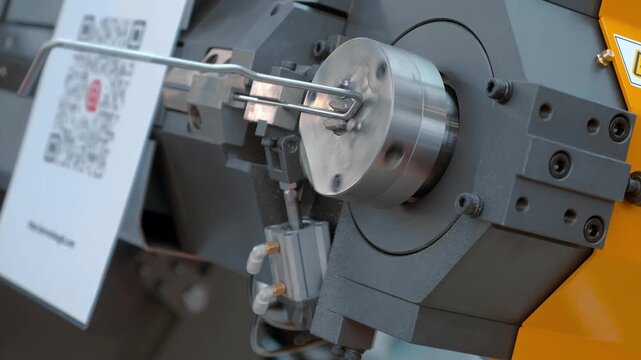 The process of producing a mass of identical parts on a wire bending machine. Closeup. Shot in motion