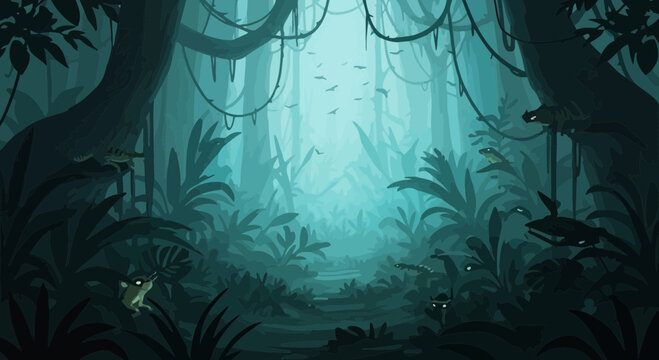 Mysterious Jungle Landscape with Dense Tropical Foliage and Soft Light