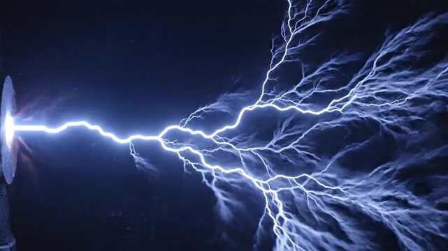 A bright electrical discharge creates a branching pattern of blue light