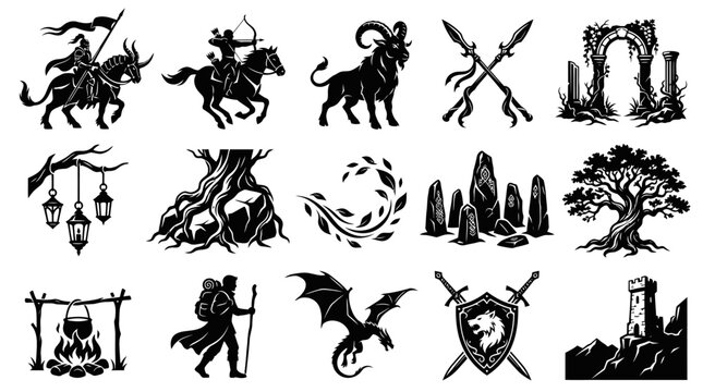 Fantasy Vector Icons: Knights, Dragons, Ancient Ruins  More - Black  White