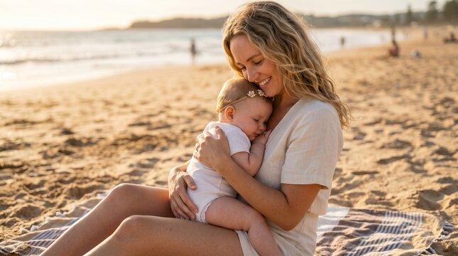Mother holds baby on beach during sunset with warm light and gentle waves in the background