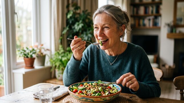 Woman enjoys a healthy salad while sitting at her dining table during lunchtime in her cozy home setting